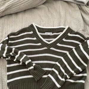 Striped V-Neck Sweater in Olive and White American Eagle